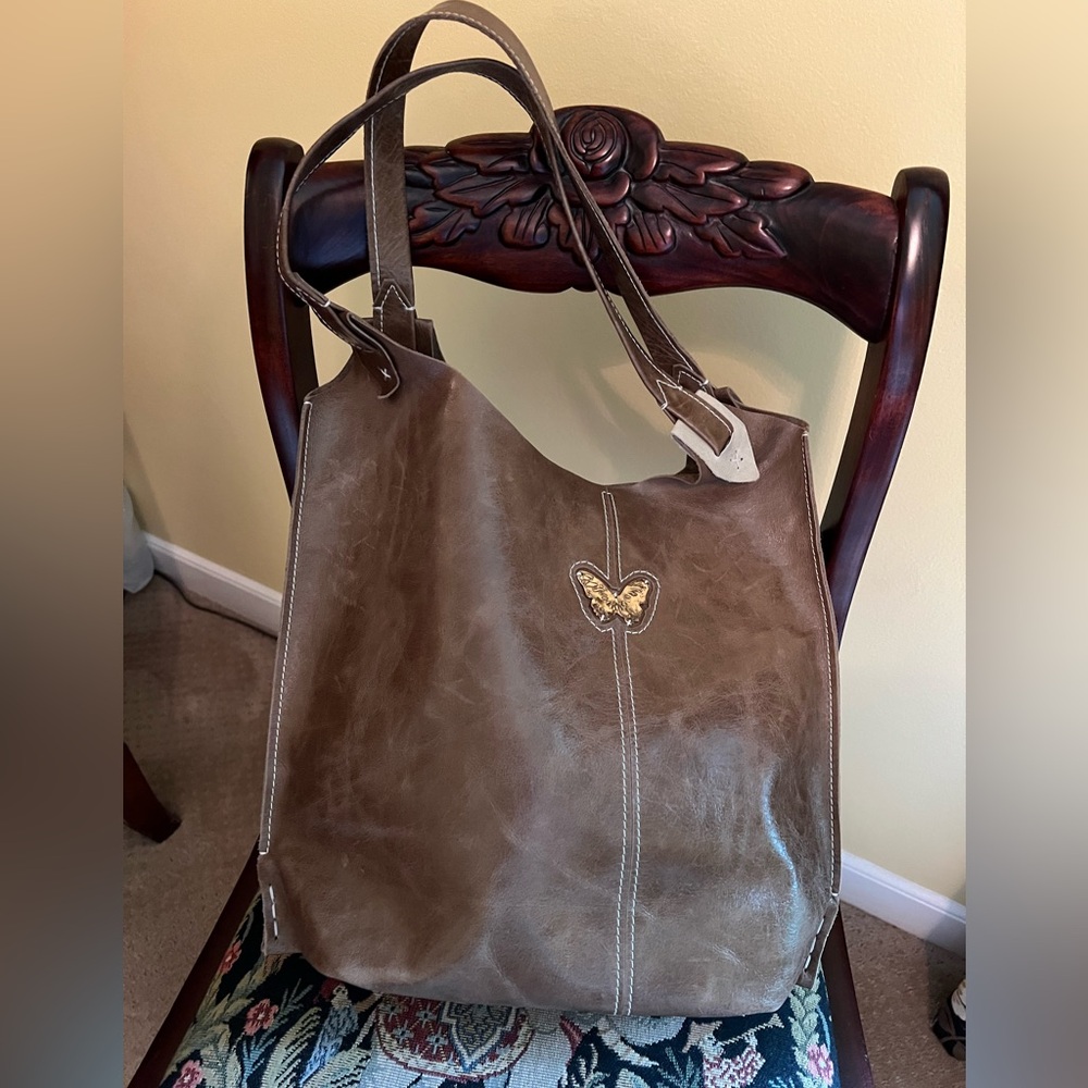 Handcrafted Brown Leather Tote Bag with metal  Butterfly Accent